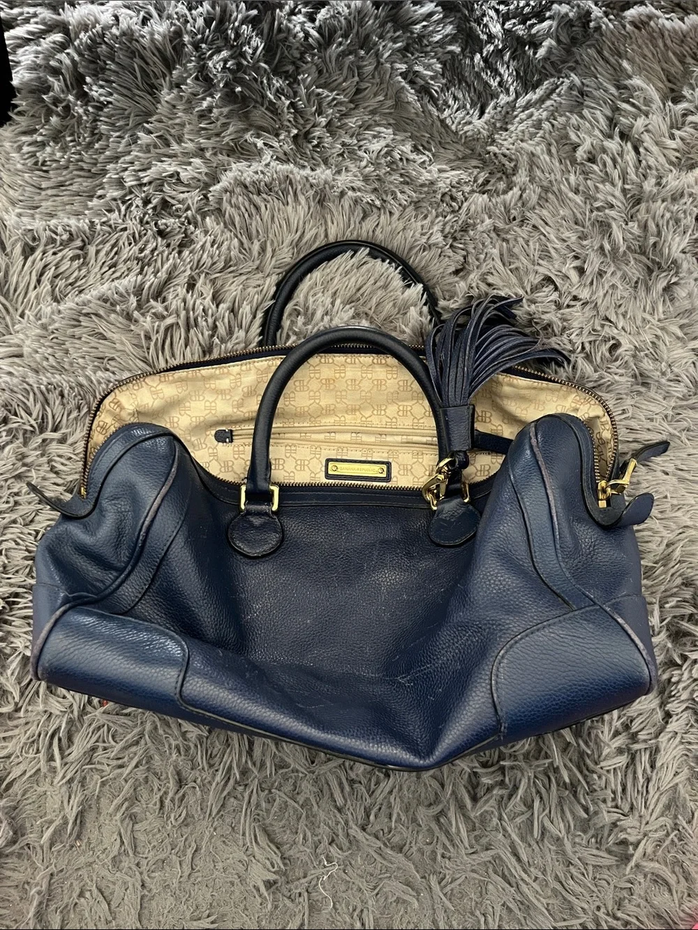 Banana Republic Navy Leather Satchel with Tassel and Gold Hardware